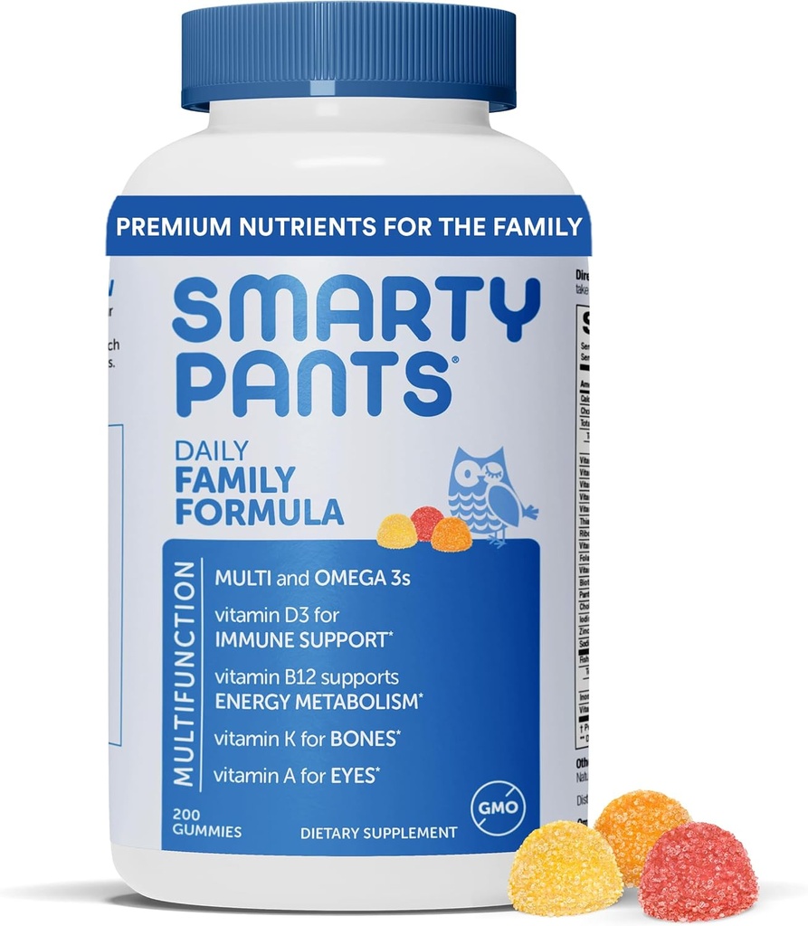 SmartyPants Multivitamin for menn, kvinner og barn: Vitamin Gummies med Omega 3 Fiskeolje (EPA / DHA), metylfolat, vitamin D3, C, vitamin B12, B6, Vitamin A, K & Zink, 200 tall (30 dagers forsyning)