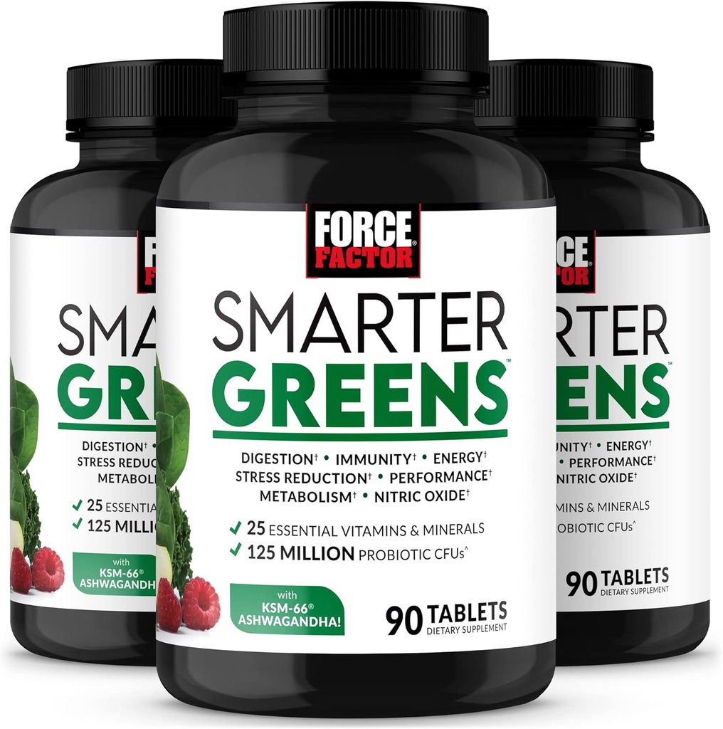 FORCE FACTOR Smartere Grønne Tabletter, 3-Pack, Grønn Supplement med 25+ Superfoods og antioksidanter for å forbedre digestion, redusere stress, styrke immuniteten og støttemetabolisme, 270 tabletter