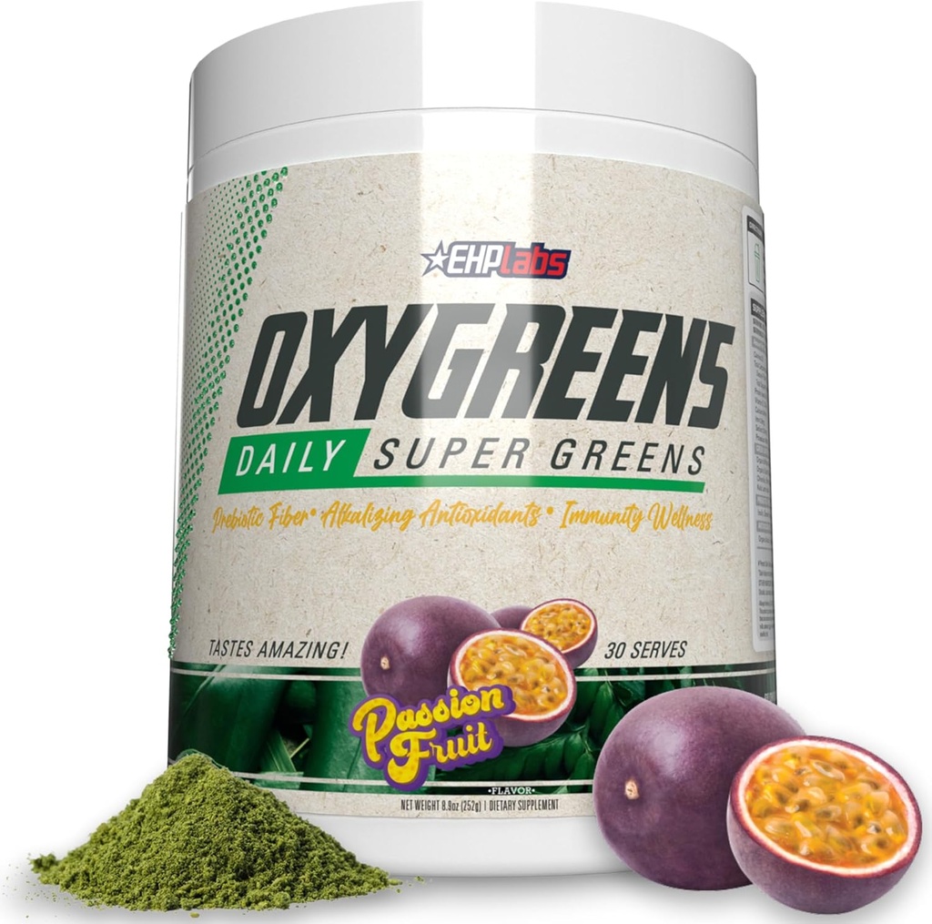 EHP Labs OxyGreens Super Greens pulver - Spirulina & Clorella Superfood, Grønn Juice pulver & Grønn Kosttilskudd med prebiotiske Fiber, Antioksidanter og immunitetsstøtte, 30 Serverer (Passionsfrukt)