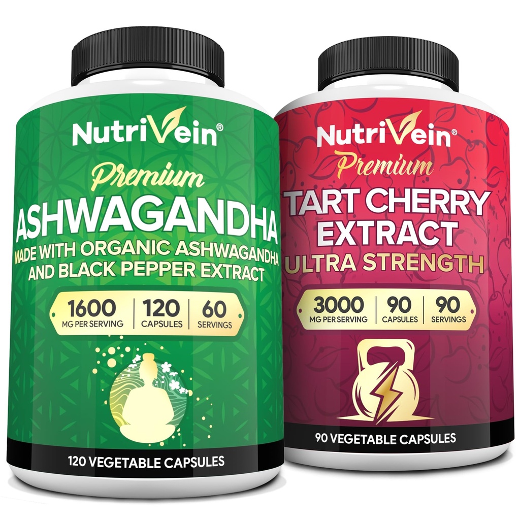 Nutrivein Premium Ashwagandha Kapsler & Tart Cherry Capsules Bundle: høyabsorpsjon Tart Cherry Extract og Ashwagandha Kosttilskudd for utvinning, balanse og vitalitet