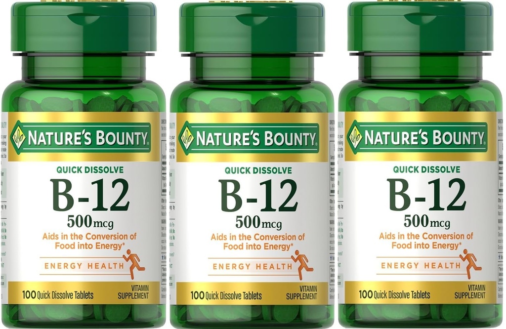 Naturens Bounty B-12 hurtigoppløselige tabletter 500 Mcg, 300 tabletter (3 X 100 greve flasker)