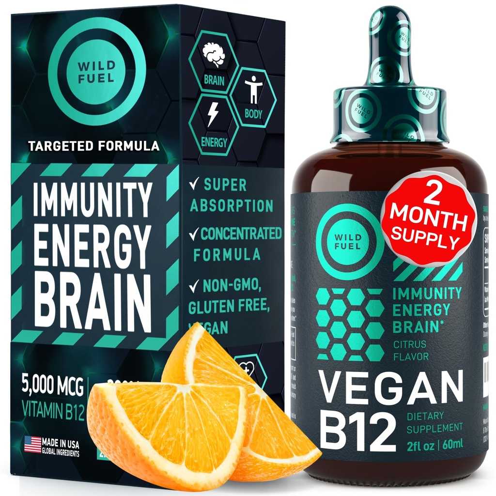 Vegan Vitamin B12 flytende dråper - Fast-Acting B12 Sublingual 5000 mhg Metylkobalamin Supplement - Energi, minne og Mood Support - Høy potens En-Droper per dag - Natural Citrus Flavor - 2oz