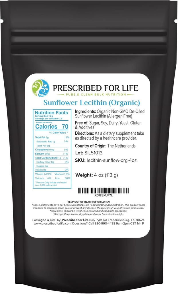 For livet organisk solflower Lecitin pulver, naturlig, glutenfri, vegansk, ikke GMO, soya gratis, Kosher, Lecitin Supplement rik på Choline & essensielle fettsyrer (4oz / 113g)
