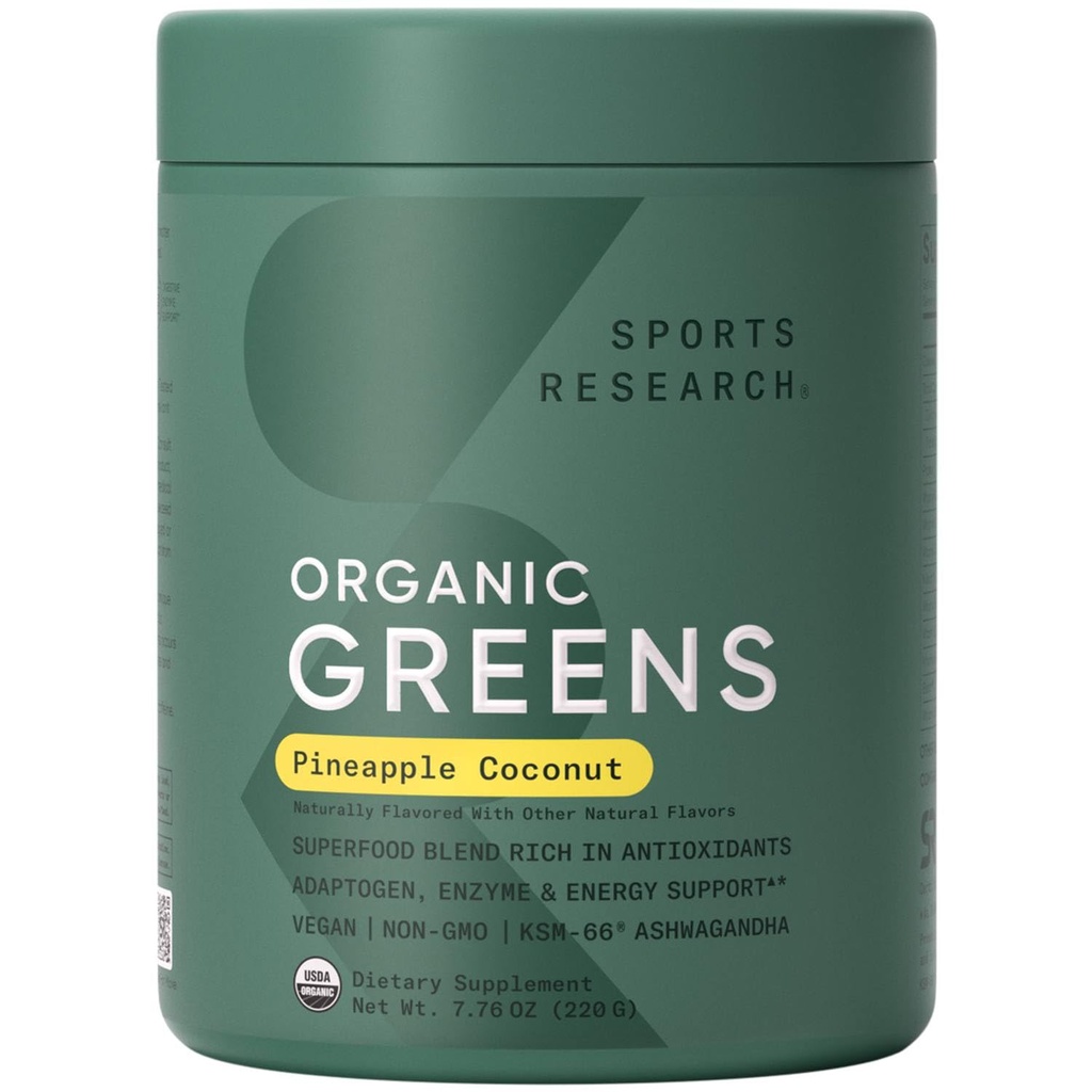 Sports Research® Organic Pineapple Coconut Greens - Digestive Health, Natural Energy & Mood Support* - Certifisert organisk pulver - 20 Services