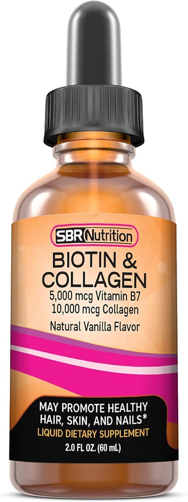 SBR ernæring Biotin og collagen flytende daglig kosttilskudd, vitaminer for hårvekst og tykkere, hud helse og negle styrke, 2 oz (60ml)