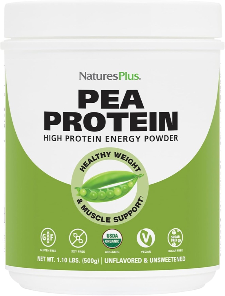 Natures Plus Organic Pea Protein - 1.1 lbs, Vegansk drikke pulver - høy energiprotein pulver, sulter suppressant, muskelbygger, fremmer hjerte helse - ikke-GMO, vegetarisk, glutenfri - 25 serveringer