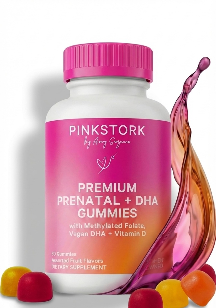 Rosa Stork Premium Prenatal Gummy Vitaminer med DHA, Folat, og vitamin D - Multivitamin og ernæringsmessig blanding for neural tube og føtal hjerneutvikling - Graviditet må ha - 60 Vegan Gummies