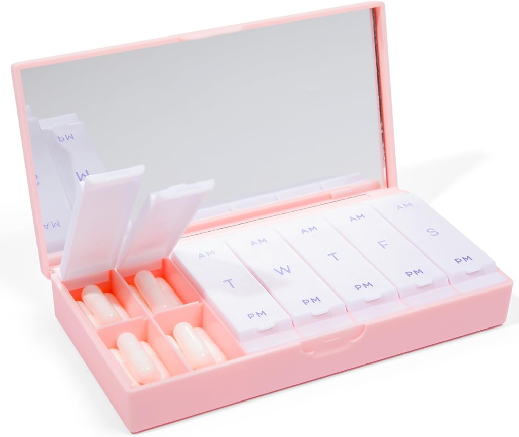 PORT X POLISH Designer ukentlig Pille Box Arrangør (AM/PM 2X daglig, Blush Pink) | Kompakt, stilig 7-dagers vitamin Supplement Case | Søt bærbare mini reise medisin Carrier | BPA-fri Pillbox Caddy
