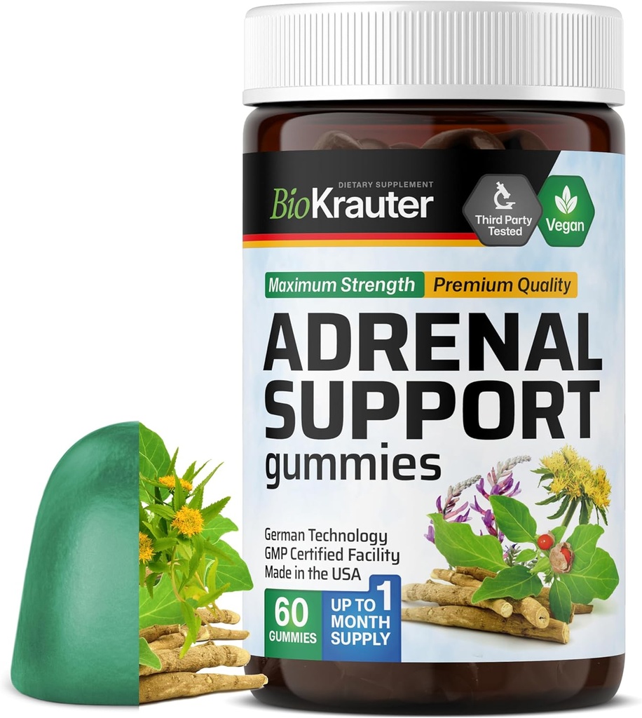 BIO KRAUTER Adrenal Support Gummies - 60 Chews - Rhodiola & Ashwagandha Gummies med vitaminer C, B6, B12 - Vegansk Mood Support Supplement