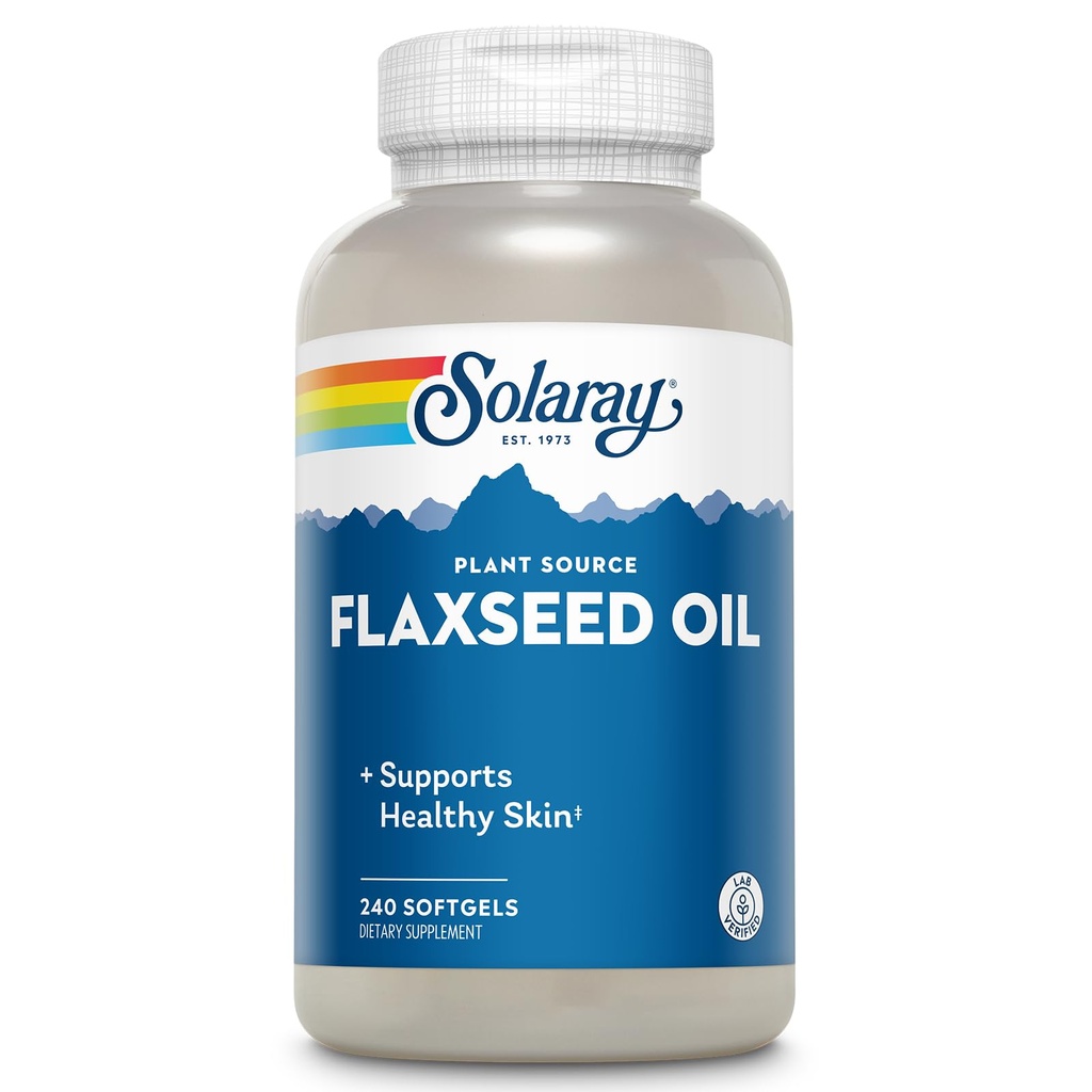SOLARAY Flaksfrø Olje 3000 mg med Omega 3 6 9, Flaksfrø Softgels for hudhelse, trippel Omega Supplement, ikke-GMO, Glutenfri, Lab Verifisert - 60-dagers garanti - 80 Serveringer, 240 Softgels
