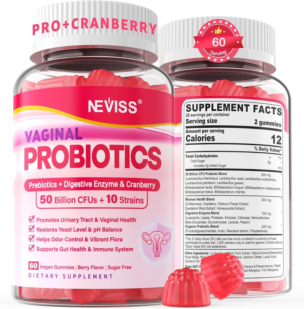 Vaginale probiotika Gummier for kvinner PH Balance, Odor Control med prebiotika, Cranberry, D-Mannose, fremmer feminin sunne Vaginal Flora, Urinal Tract, Yest, Digestiv støtte, sukkerfri,120Cts