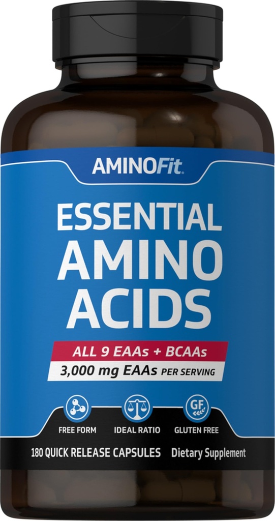 Piping Rock Essential Aminosyrer Supplement | 3000mg | 180 kapsler | Kompleks blanding for menn og kvinner | EAA og BCAA | Ikke-GMO, Glutenfri | av Fitness Labs