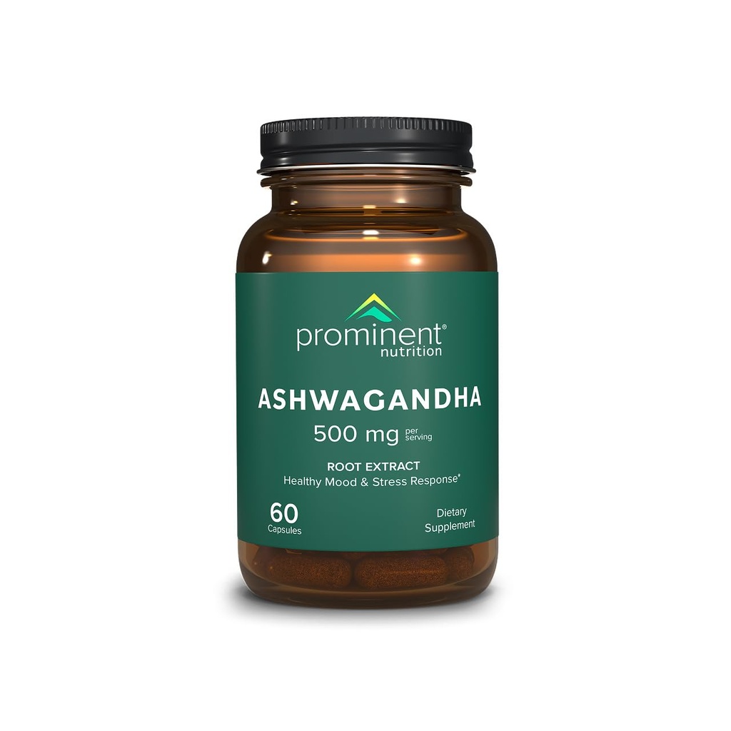 Prominent ernæring Ashwagandha Supplement - klinisk undersøkt Shagandha Root Extract for sunn Mood & Stress Support, standardisert til 2,5% withanolides, 500 mg, 60 vegansk kapsler - 1 pakke