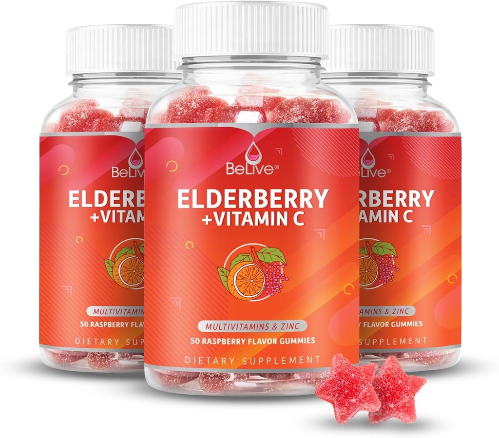 BeLive Elderberry Gummies med sink og vitamin C - Immun Support Supplement med vitamin D, A, E, B12 - Gummies for sunne bein og tenner, Vegan, keto og ikke-GMO - bringebær flavor | 3-Pack