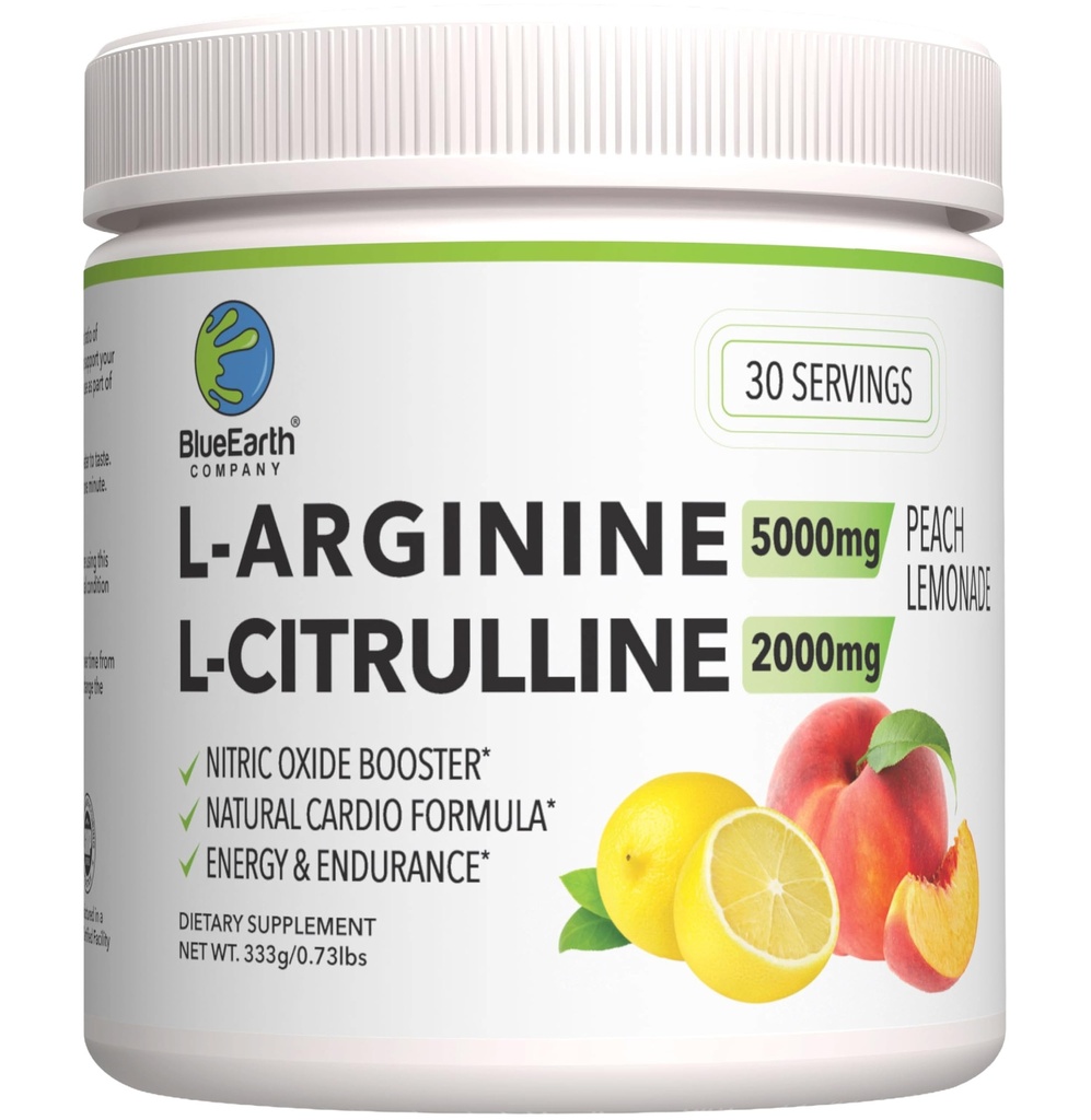 L-Arginine 5000mg + L-Citrulline 2000mg Complex pulver Supplement - Nitric Oxid Booster - hjerte helse, blodflyt, energi og utholdenhet - 30 serveringer (Peach Lemonade)