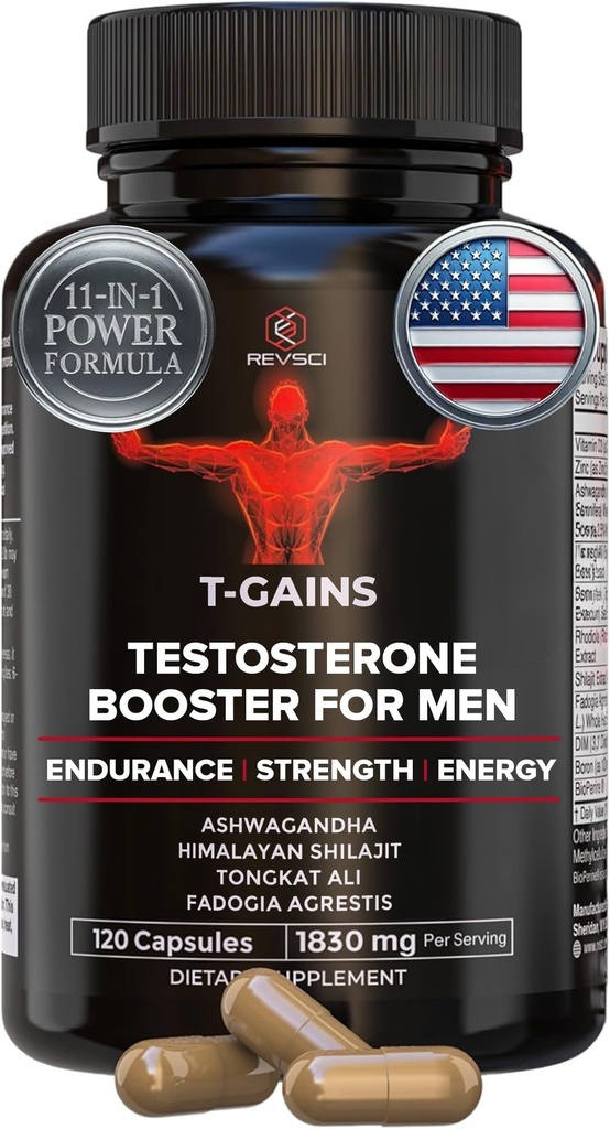Anabol Booster & Muscle Builder, T-GAINS Testosteron Supplement for menn, TRT Test Booster & Estrogen Blocker, HGH Kosttilskudd for menn - Tongkat Ali Fadogia Agrestis for muskelvekst, 120 Caps