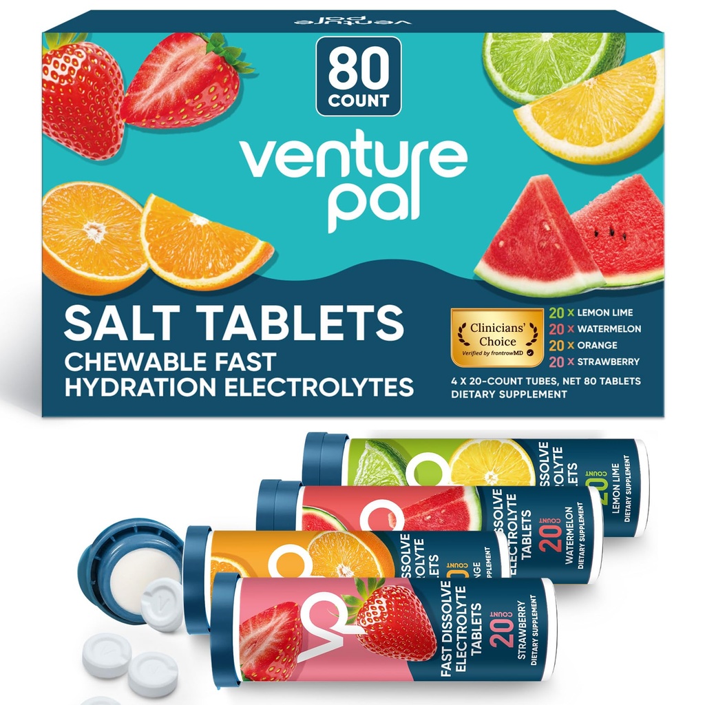 Venture Pal Chewable Electrolyte Tabletter, 80 grev raskt Dissolve Sugar-fri Stick Salt Tabletter - Variety Pack for Rapid Hydration, Utendørskjøring, Fotturer, Sport | Keto & Vegansk Vennlig | 4 Pack