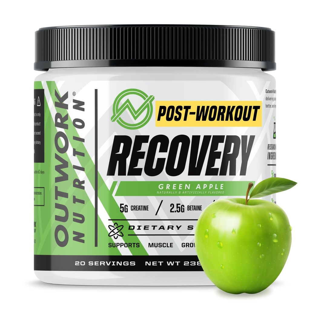 Outwork Nutrition Post Trening Recovery pulver - Kreatin Monohydrat, KSM-66 Ashwagandha & Tart Cherry - Hastighetsgjenoppretting, Eases Soreness - Kreatin pulver for menn og kvinner, Grønn Apple, 240 Gr