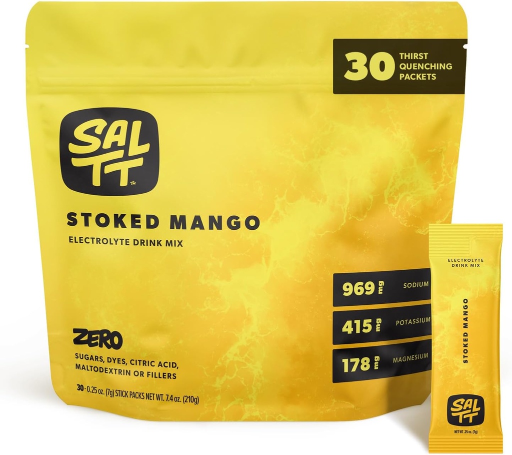 SOLTT Electrolytes Powder Flavored Drink Mix - Stoked Mango - 30 Hydration Packets - Magnesium, Kalium, Natrium, Trace Minerals - Null Sukker & Glutenfri - Reise Essentials