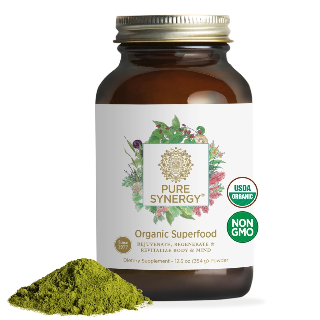 PURE SYNERGY Organic Superfood Powder | Grønn Superfood Powder | Hele maten Supplement med organiske grønn, Spirulina og Mushrooms | for energi, sunn aldring, og immun helse (12,5 oz)