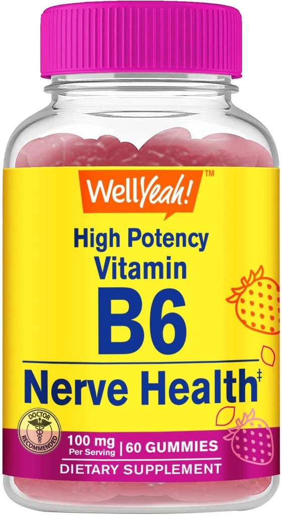 WellJah høy potens Vitamin B6 Gummies - fremmer Nerve Helse, Kognitiv funksjon, Mood Regulation, Immunstøtte og kardiovaskulær Helse - Vegan, ikke-GMO, Glutenfri - 60 greve
