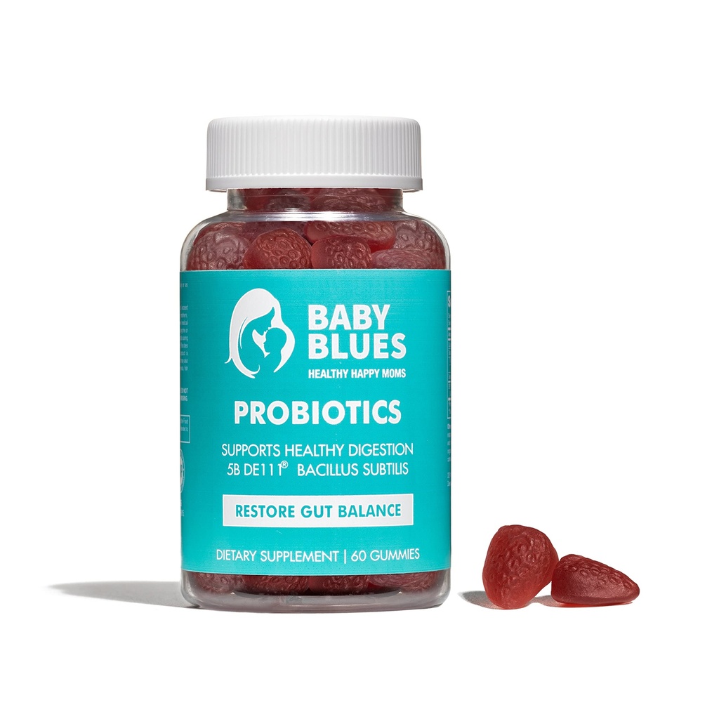 Baby Blues Probiotiske Gummier til kvinner – Organisk Jordbær Flavor – Gut, Immune, Hud & Vaginal Helse – 5 milliarder CFU DE111® – Vegansk daglig kosttilskudd for mødre – Pre/Postatal Support