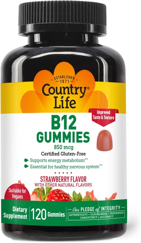 Land Life Vitamin B12 Gummies – 850 mikrog Cyanocobalamin, 120 greve – Vegansk, Glutenfri Gummy Supplement for energimetabolisme og nervesystem støtte – Naturlig Jordbær Flavor, 2g Sukker