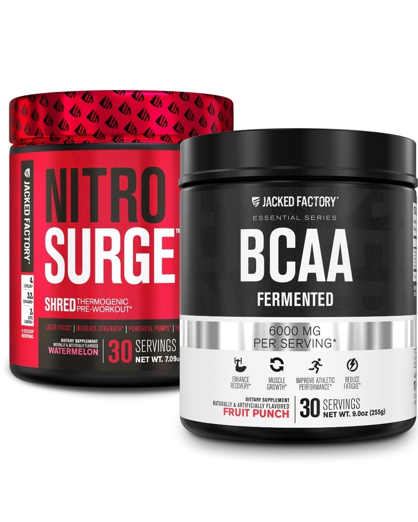 Jacked Factory Nitrosurge Shred Thermogenic Pre-Workout i vannmelon og BCAA i frukt Punch for kroppen rekomponering, muskelbygging og gjenoppretting
