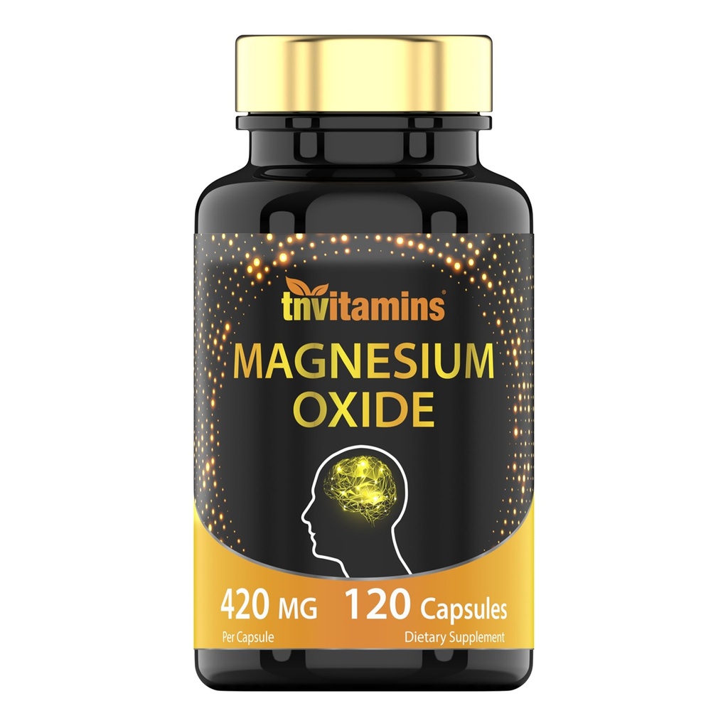 Tnvitaminer Magnesium Oxid 420mg - 120 kapsler | 4 måneders forsyning! 100% daglig verdi av magnesiumoksid i én kapsel | Oxido de Magnesio | Ikke-GMO, laget i USA
