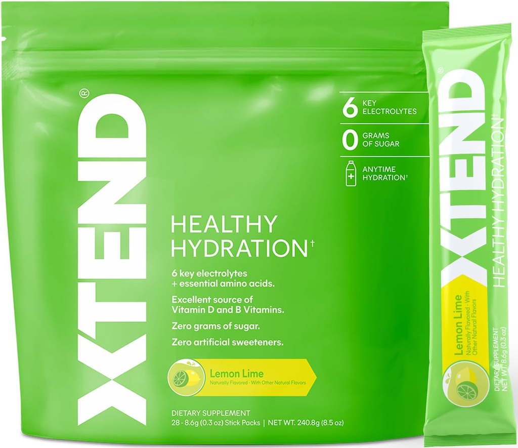 Xtend XTEND Sunn Hydration | Superior Hydration Powder Packets | Electrolyte Drink Mix | 3 Essentielle Aminosyrer | NSF-sertifisert for Sport | 28 Sticks, Lemon Lime
