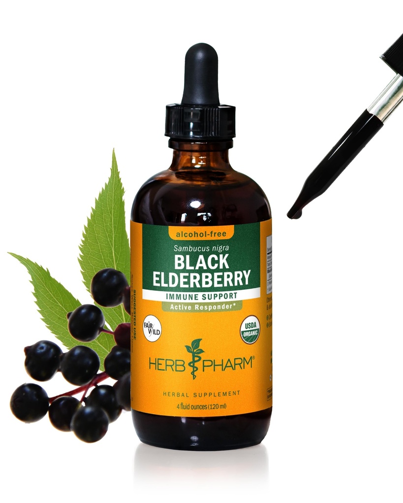 Herb Pharm Certifisert organisk svart eldrebær flytende ekstrakt for immunsystem støtte, alkoholfri glyceritt, 4 Ounce