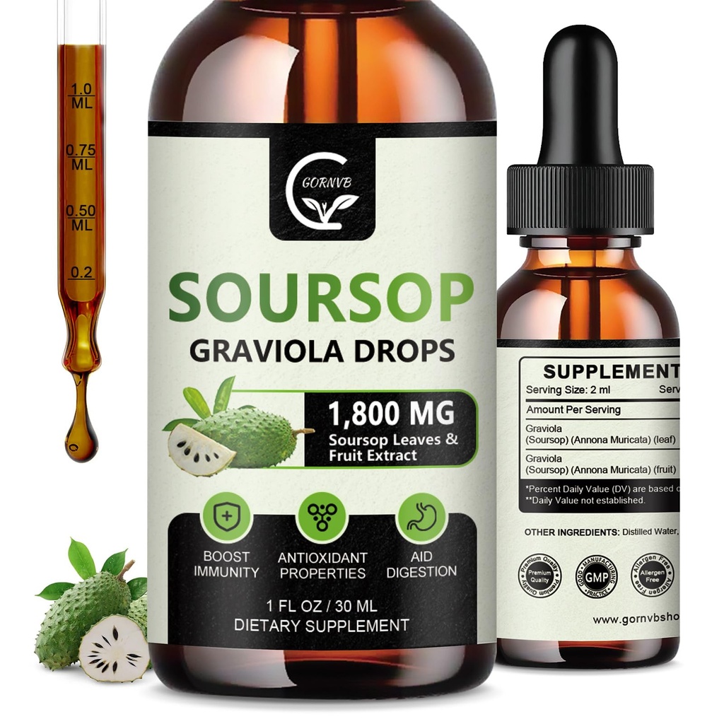 (2 Pakke) Soursop Graviola flytende dropper 1800mg, 98% Absorpsjon Soursop Bitters Flytende for cellestøtte og regenerering, Immune Boost, Relax, Lever og søvn, Herbal Goodness, Glutenfri, 1 Fl Oz
