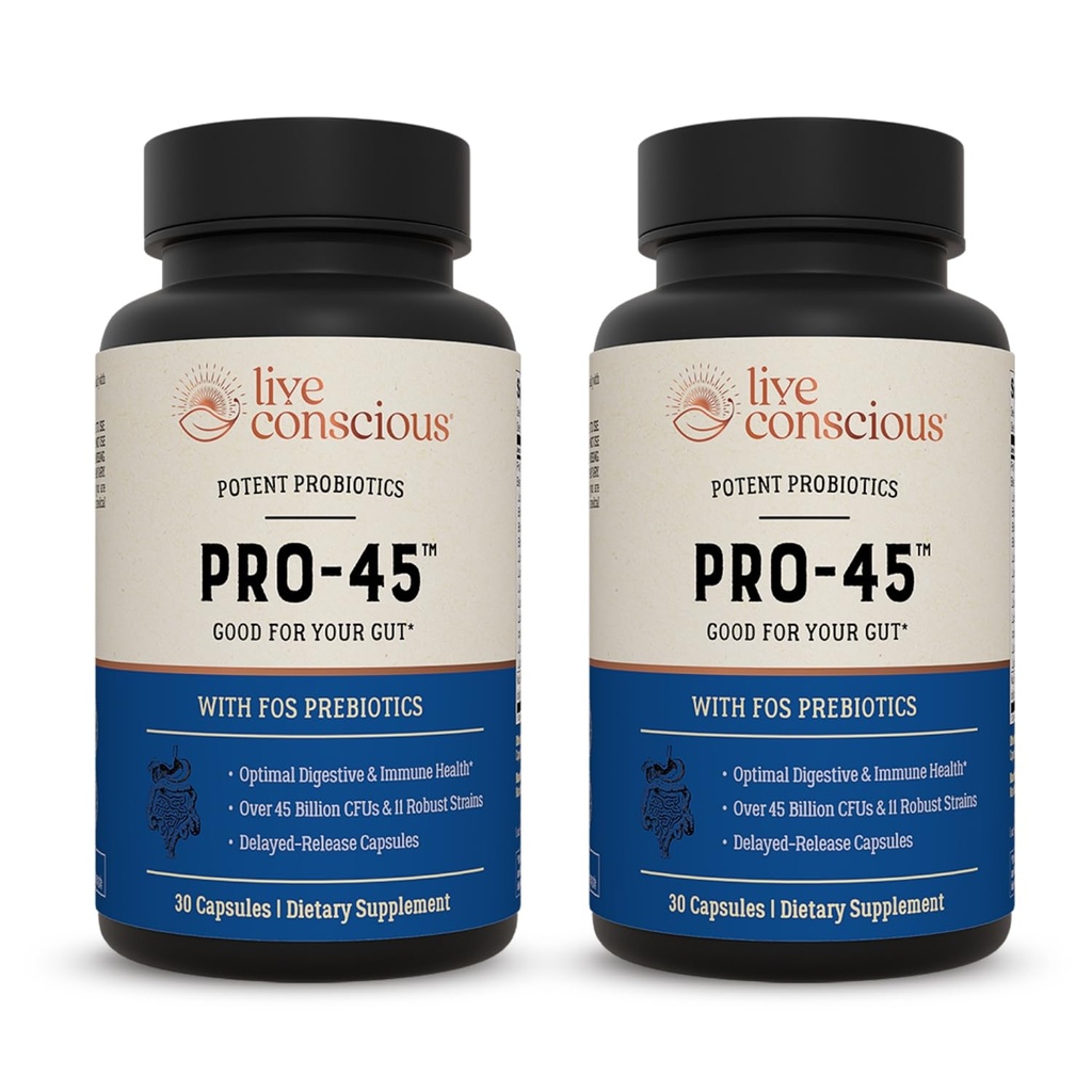 Levende bevisst PRO45: Probiotisk formel, 45 milliarder CFU, 11 omfattende stammer. Dairy Free. Forsinket Release Veggie caps. Fremmer immun og digestiv helse. 60 kapsler (2-pakke)