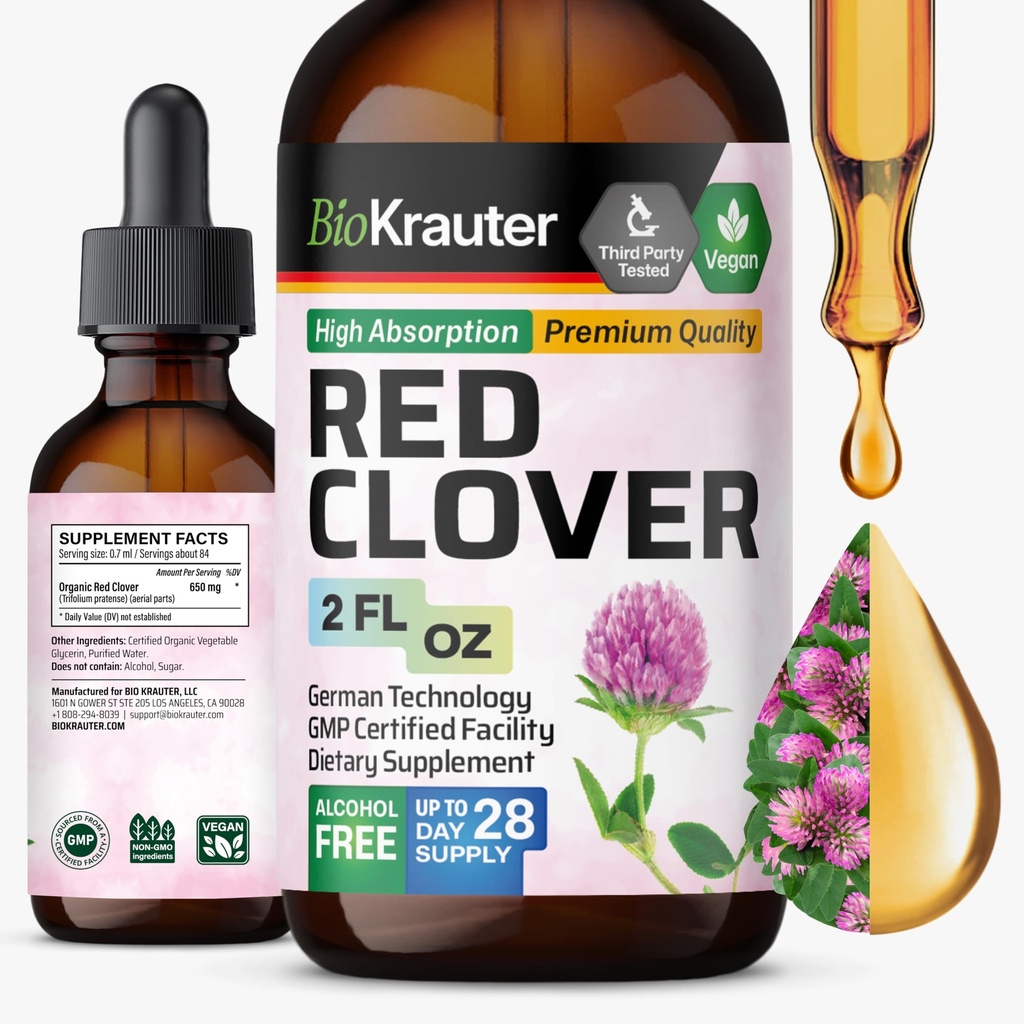 BIO KRAUTER Red Clover Tinkture - Rød Clover Extract - flytende kosttilskudd for kvinners støtte - alkohol og sukker gratis - Vegan Drops 2 Fl.Oz.