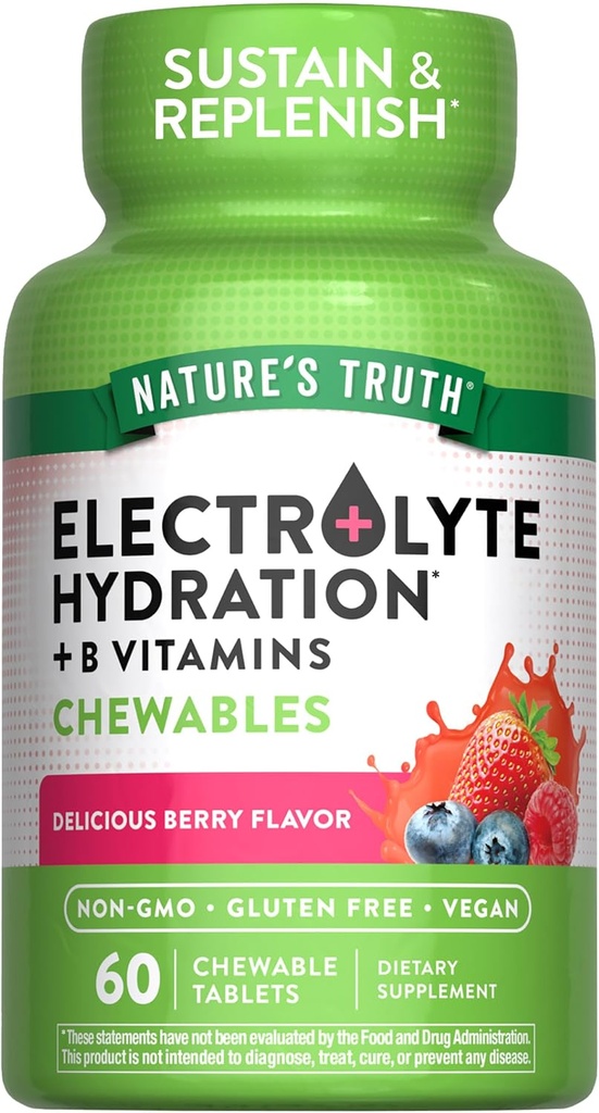 Naturens sannhet elektrolyte tabletter | 60 greve | Ikke-GMO & Glutenfri Chewable Supplement for Hydration | Berry Flavor