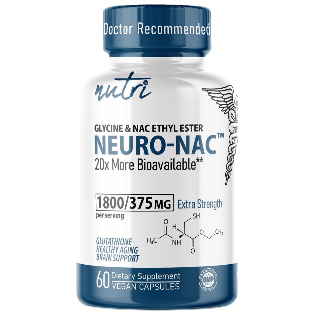 Nutri Neuro NAC Supplement 375mg Ekstra styrke med 1800mg Glycine - N-Acetyl Cysteine Etyl Ester - 20x Mer Biotilgjengelig - Boost Glutathione 10x Mer - 90 Vegan Kapsler - 3rd Party Testet