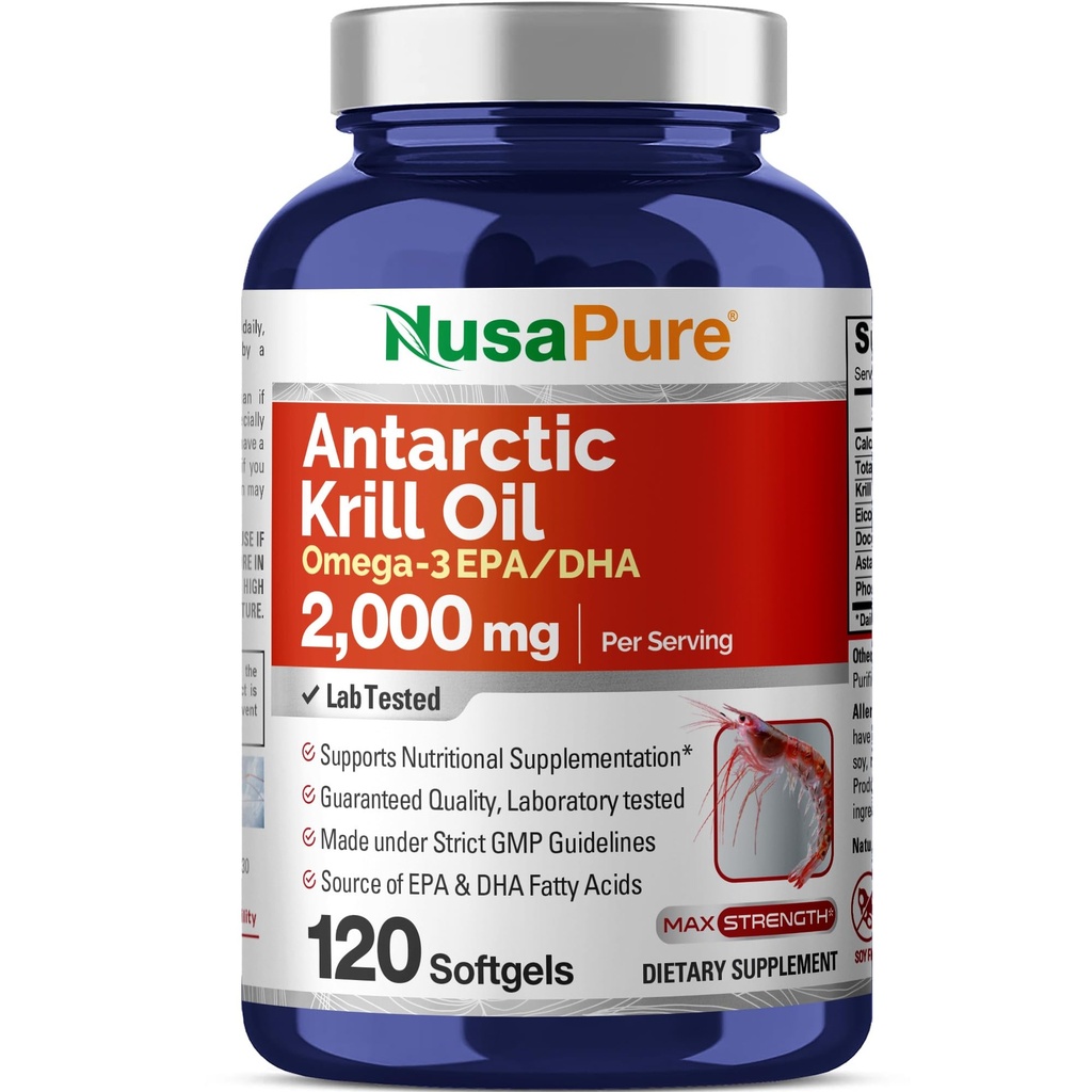 NusaPure Antarctic Krill Oil 2000 mg 120 Softgels, Omega-3 EPA 360mg, DHA 240mg, soylfritt Astaxanthin Supplement fra Krill 800ppm