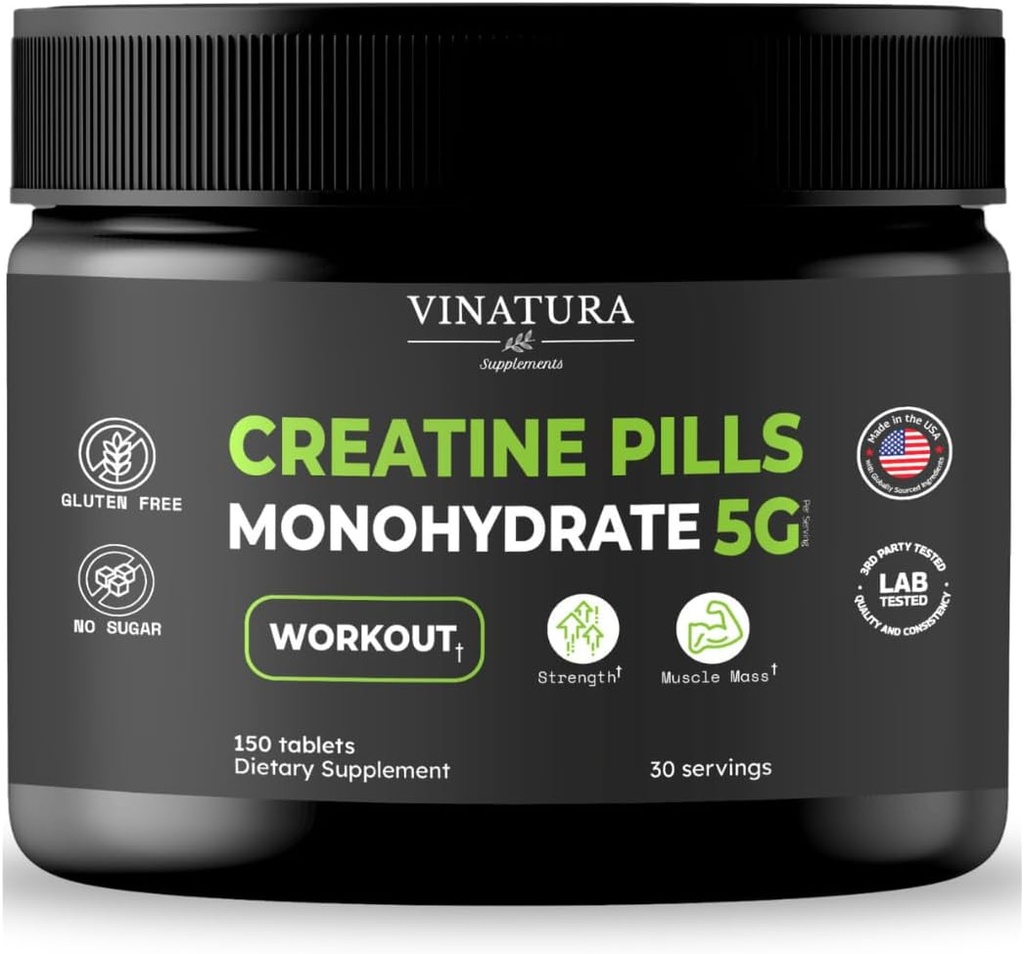 VINATURA Kreatin Monohydrat piller 5g - kreatintabletter, kreatin piller for menn, kvinner, kreatin en capsulas * USA laget og testet * Unflavored, kreatinmonohydrat pulver alt, 150 tabletter 30 serveringer