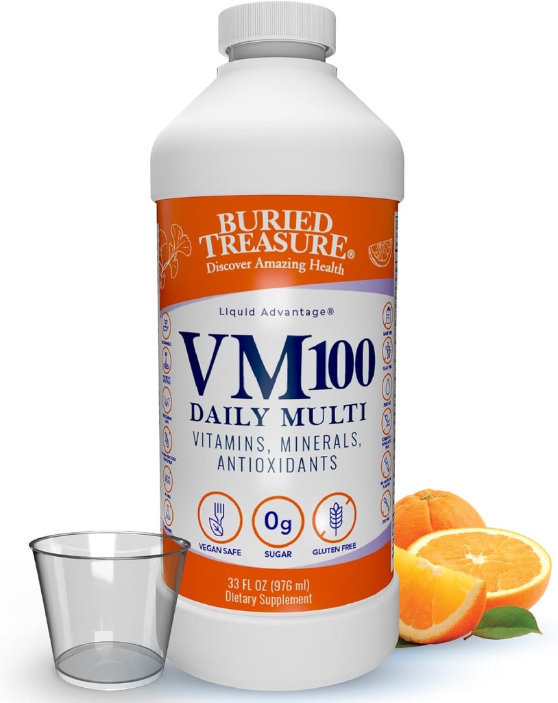 Buried Treasure VM100 daglig multi - 32 serveringer, flytende vitaminer Minerals Supplement med dose Cup