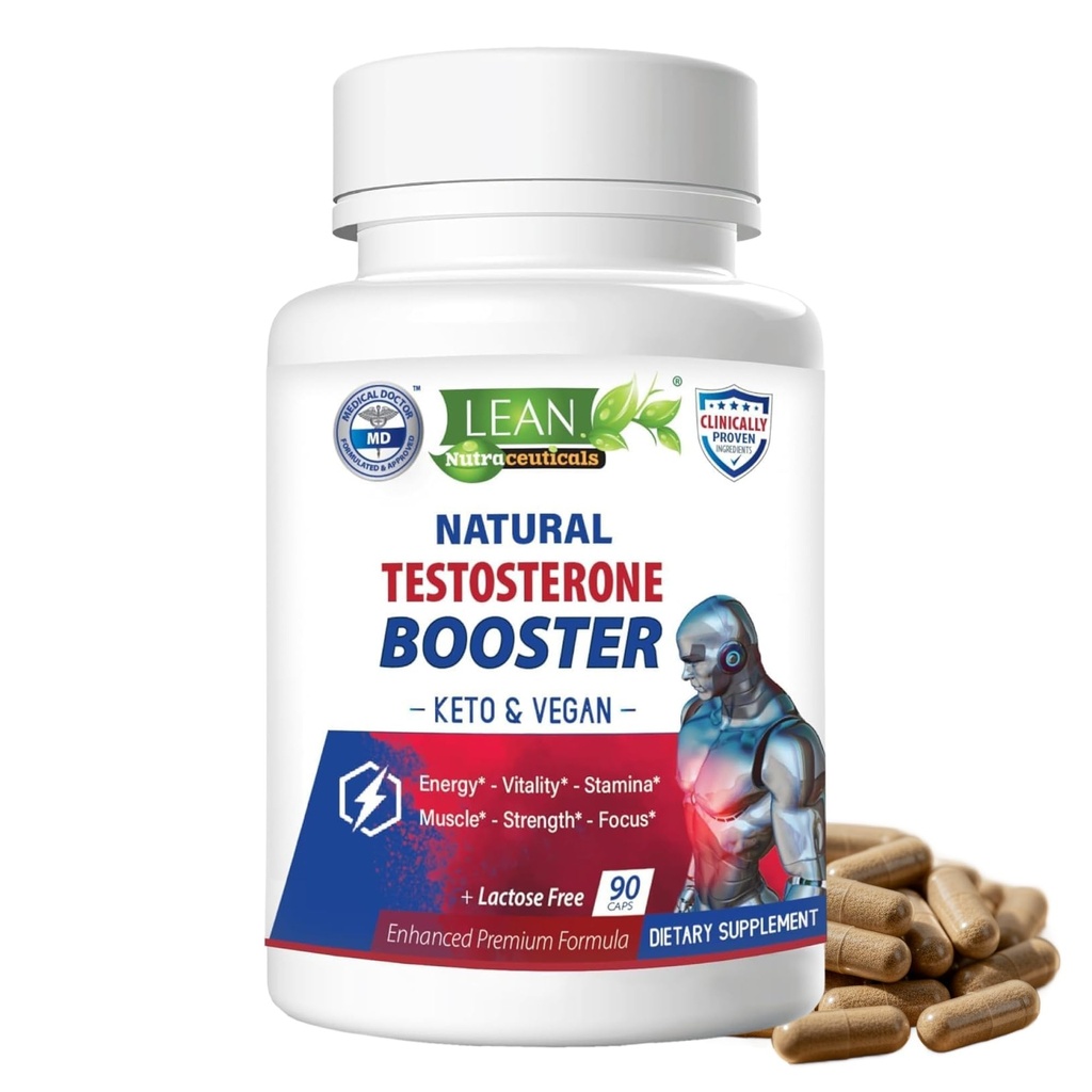 Lean Nutra Testosteron Booster for menn – Naturlig Vegansk Supplement med Tongkat Ali, DHEA, Maca Root, Tribulus, Horny Goat Weed, Sink, Bor, D-Aspartic Acid – Øk styrke, energi, Muskel – 90 Caps