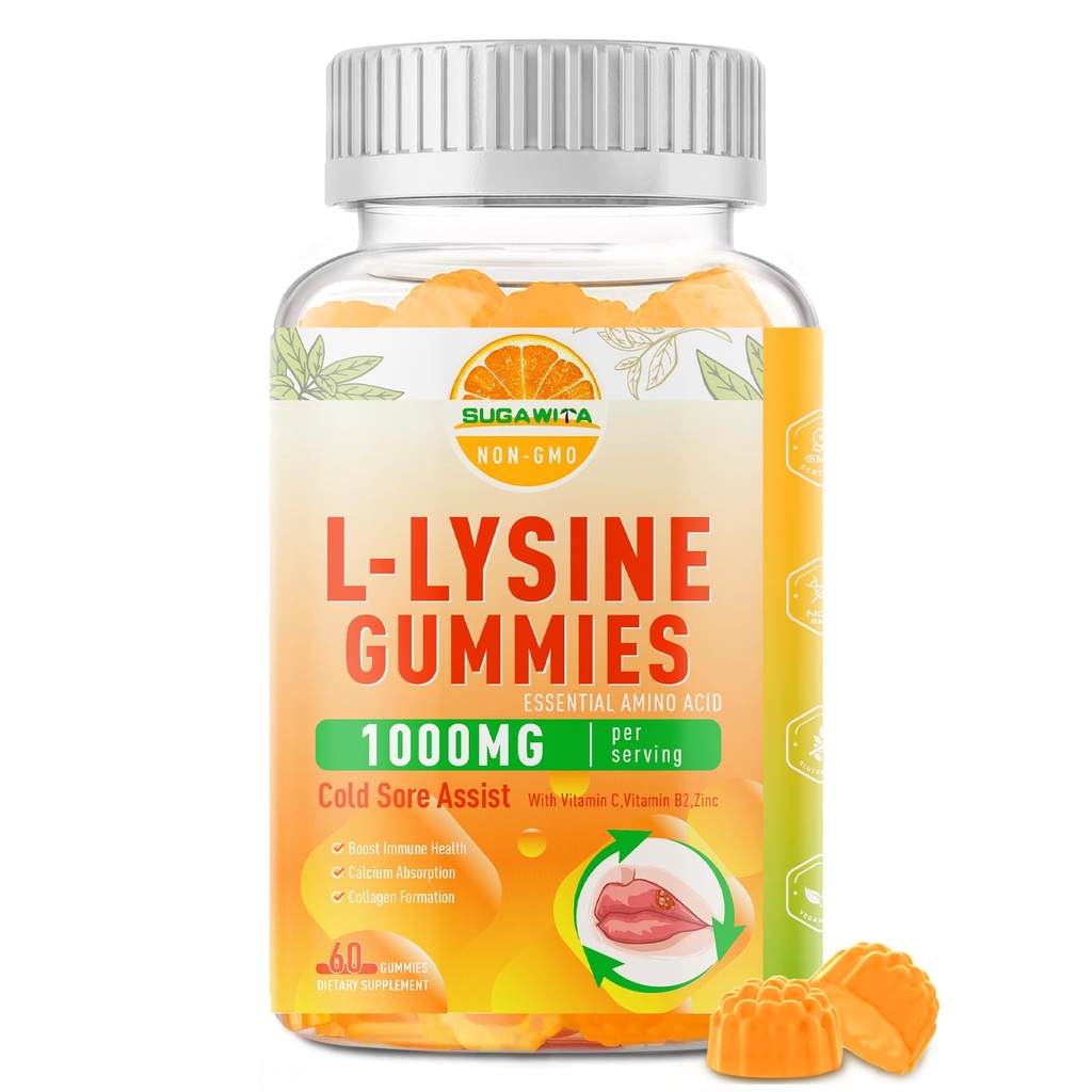 L-Lysine Gummies 1000 mg, Cold Sore Supplement med immunstøtte for lepper og orale, Chewable L Lysine Gummies for voksne og barn, Boost Immun & Collagen, Ikke-GMO, Vegan, Glutenfri - 60 Antall