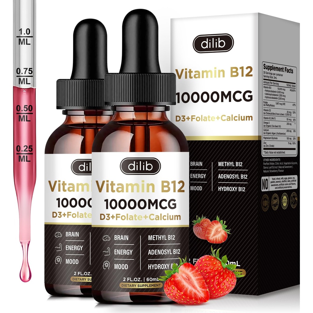 Vitamin B12 flytende dråper sublingual 10000 mhg, Triple B-12 Complex Supplement, Metyl & Methylcobalamin blanding for kvinner og menn, Mood & Energy Booster, Metabolisme og helse støtte, 2 pakke