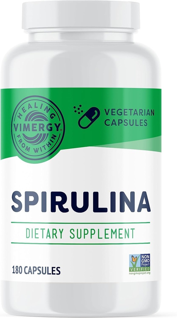 Vimergy Spirulina Kapsler – Konsentrert Planteprotein støtter immunhelse og kardiovaskulær funksjon – Vegansk, Kosher, Glutenfri – 180 Kapsler