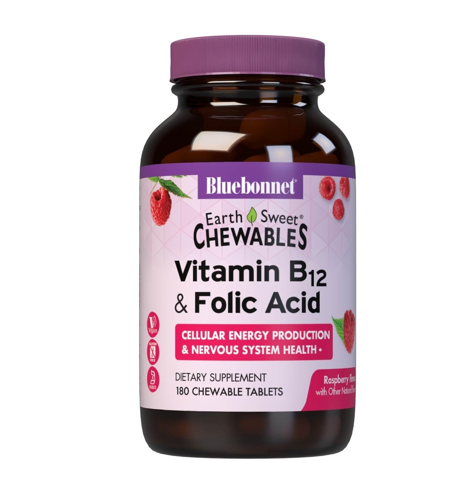 Blåbonnet Ernæring Jord Søt Vitamin B12 1000 mcg & Folinsyre 400mcg Helse og energi * Vitaminer for kvinner og menn - Vegansk, Glutenfri bringebær B 12 Vitamin - 180 Chewable tabletter