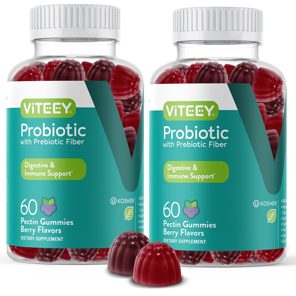 VITEEY Probiotiske Gummier med prebiotika – Gut Helse Supplement for Digestive Helse – 2 milliarder CFU – Vegan, Glutenfri – 120 greve