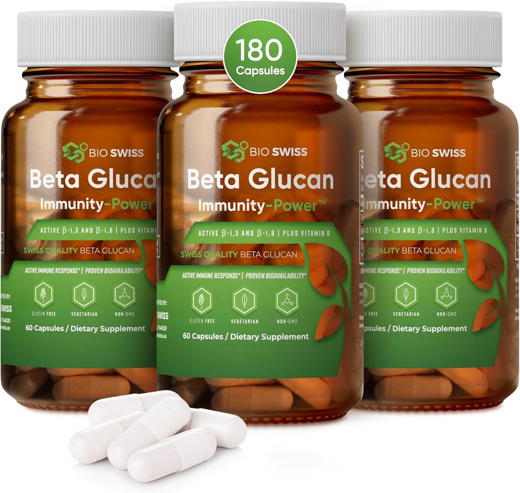 Bio sveitsisk beta glucan immunitet Power - 1,3D-1,6D glukan med vitamin D - immun støtte supplement for forbedret forsvar og velvære - Vegansk, Glutenfri (180 kapsler)