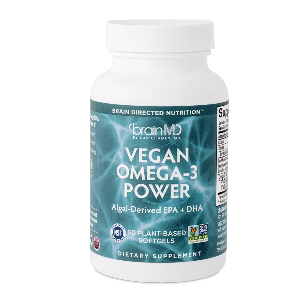 BrainMD Dr Amen Vegan Omega-3 Strøm - 60 Plantebaserte Softgels - 1,100 mg EPA & DHA - støtter fokus, minne og hjerte helse - Vegan, Glutenfri og ikke-GMO - 30 Services