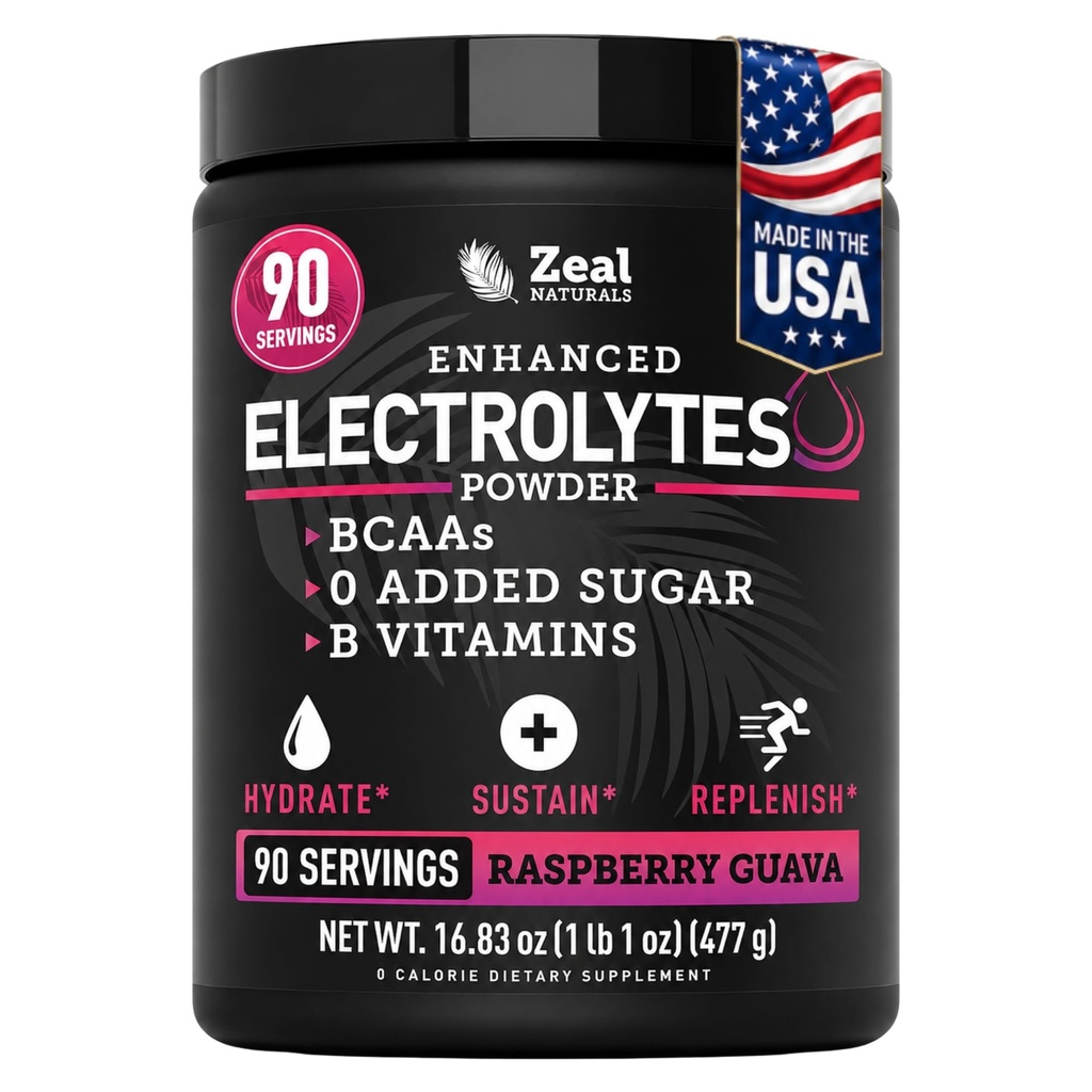Zeal Naturals Electrolyte pulvergjenvinningsdrikk (90 serveringer | bringebær Guava) w 0 sukker + BCAA + B-vitaminer Electrolyte Supplement w Kalium sink & magnesium for Hydration - Keto elektrolytter
