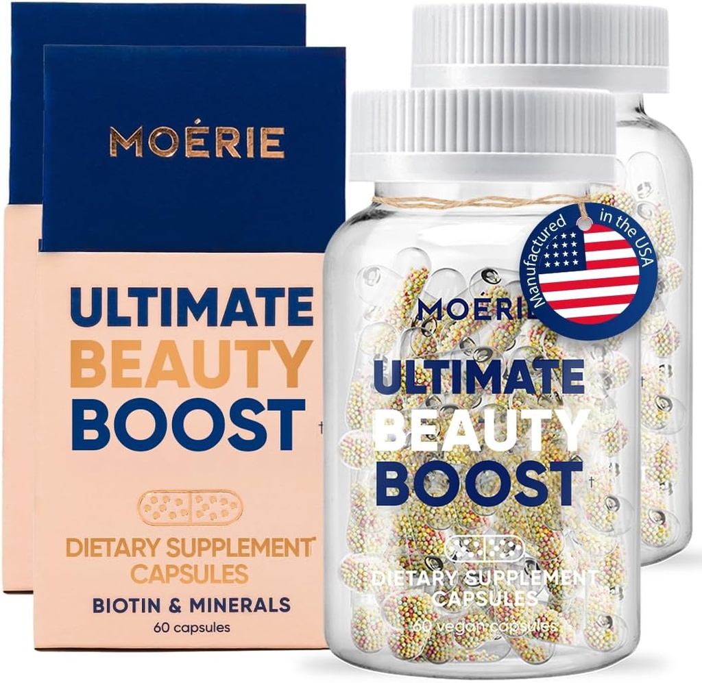 Moerie Hårvekst Supplement for kvinner og menn - Hårhud og negler Vitaminer med biotin, Q10 & Mineraler - For tykkere, Fullere hår og hår tap behandling - Avansert perleleveringssystem - 120 piller