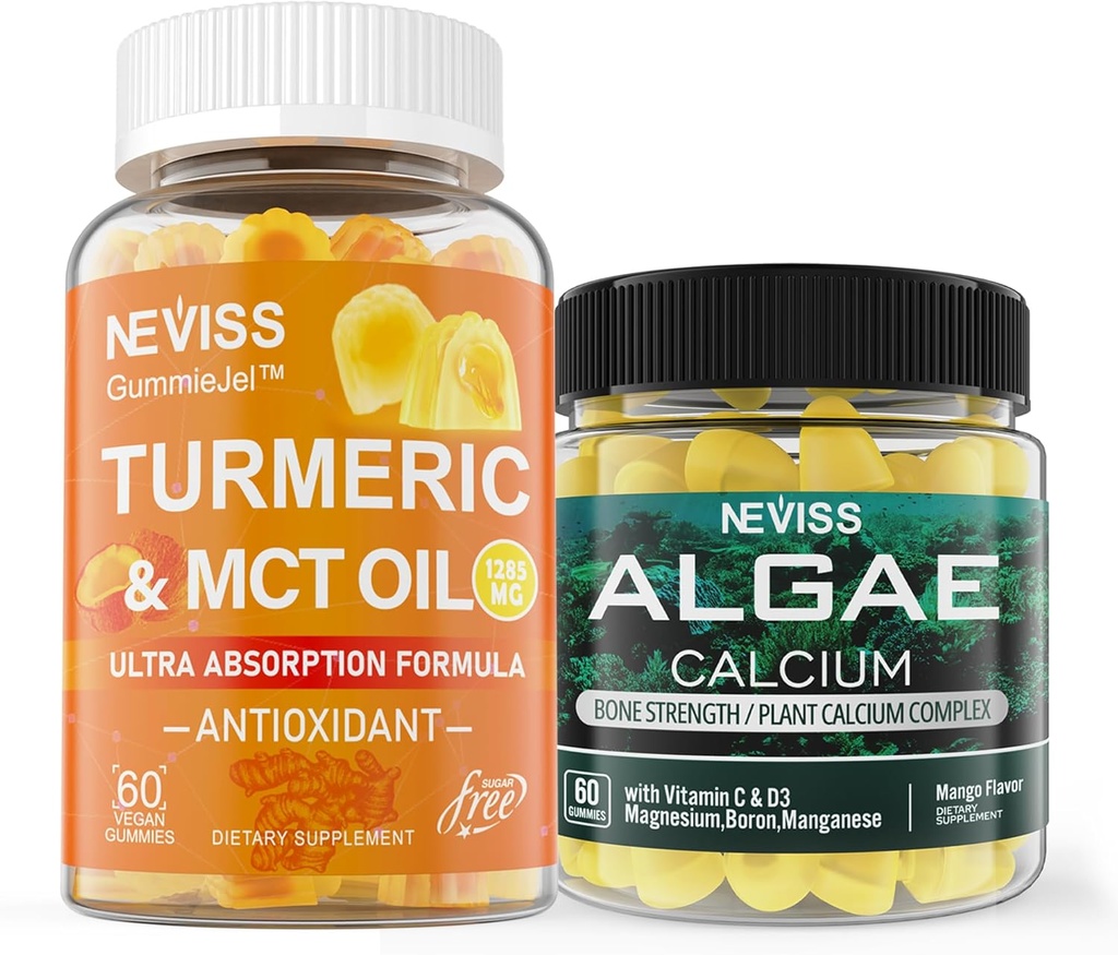 NEVISS Sukker Gratis Turmeric Curcumin Gummies + Marine Algae Kalsium Supplement 600mg, høy absorpsjon, Vegan